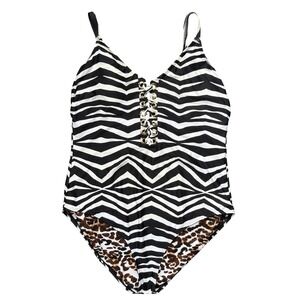 La Blanca One Piece Swimsuit Zebra Leopard Print Laced Front Plus Size 20W